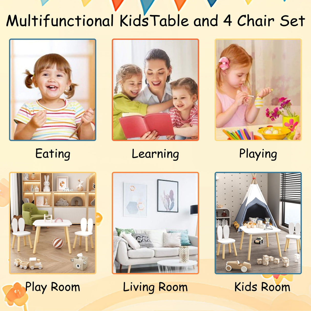 Rabbit Themed Table And 2 Chairs Set - White
