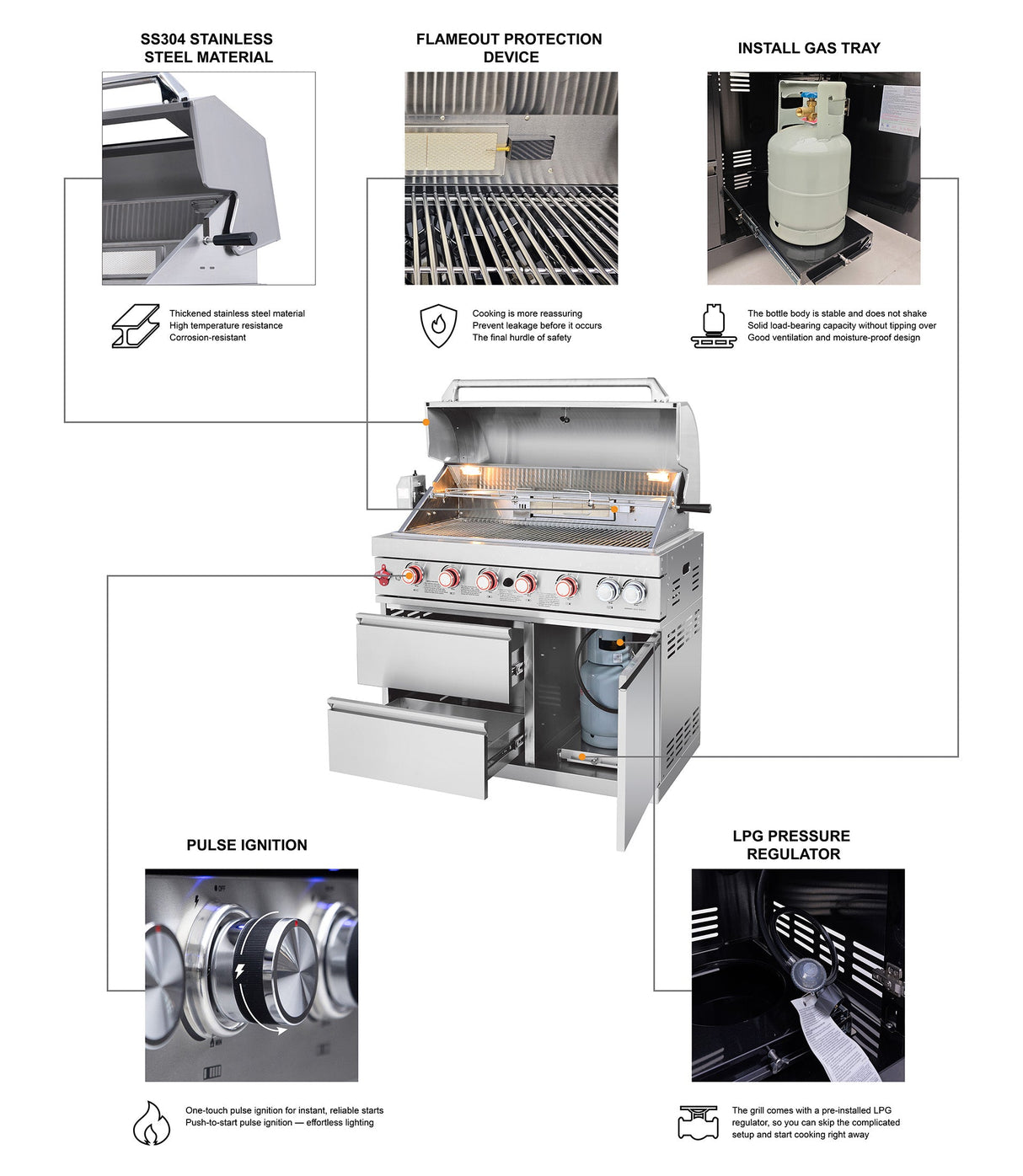 Outdoor Kitchen Island 95.8 Inch 6+1 Burner Propane Gas BBQ Grill 95500 BTU 304 Stainless Steel