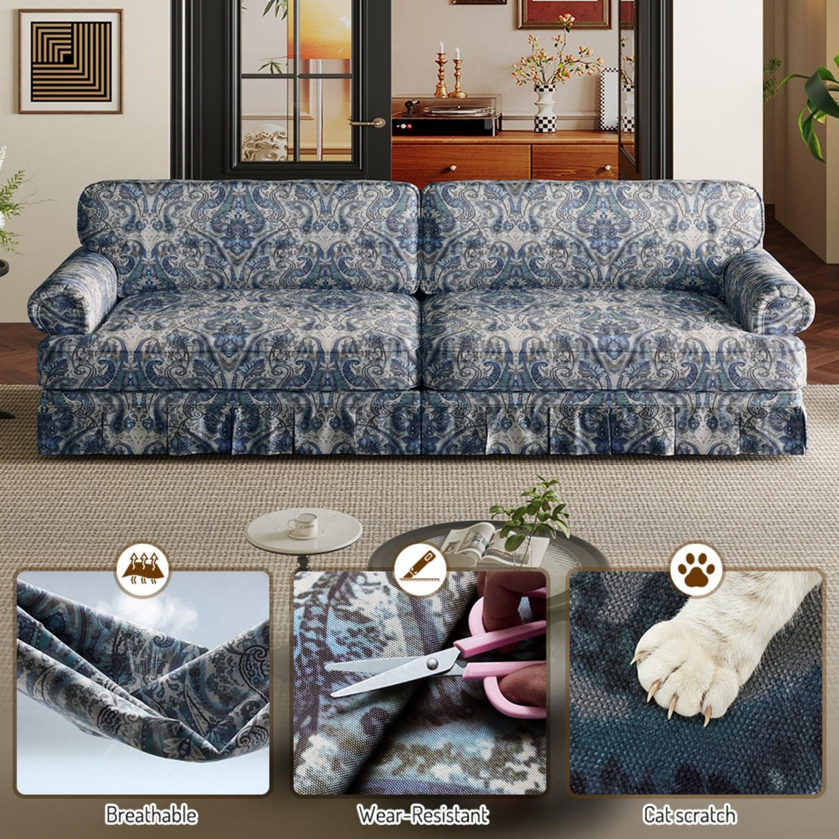 Luxuriously Comfortable Cloud Couch Sofa With Elegant Rolled Arms & Pleated Skirt Design