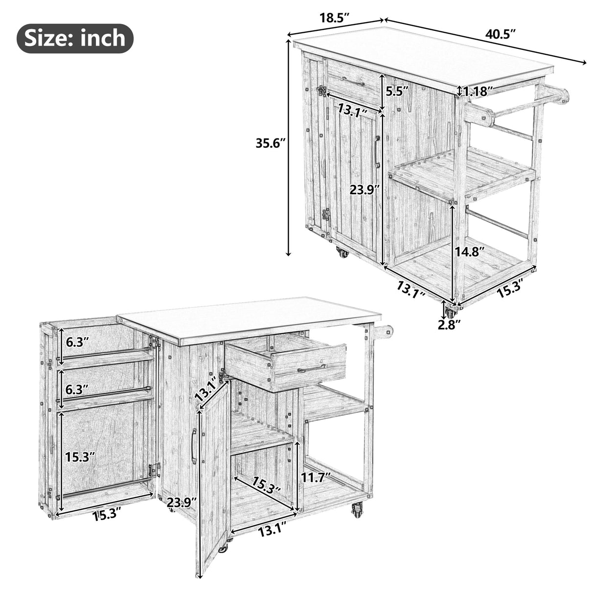 Outdoor Kitchen Island Fir Wood Prep Station with Stainless Steel Top