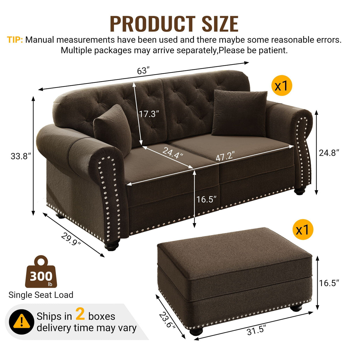 Upholstered Sofa Set With Nailhead Trim and Rolled Armrests, Includes Pillows