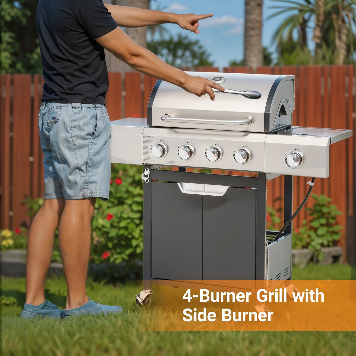 Propane Grill 4 Burner Stainless Steel Gas Grill with Side Burner