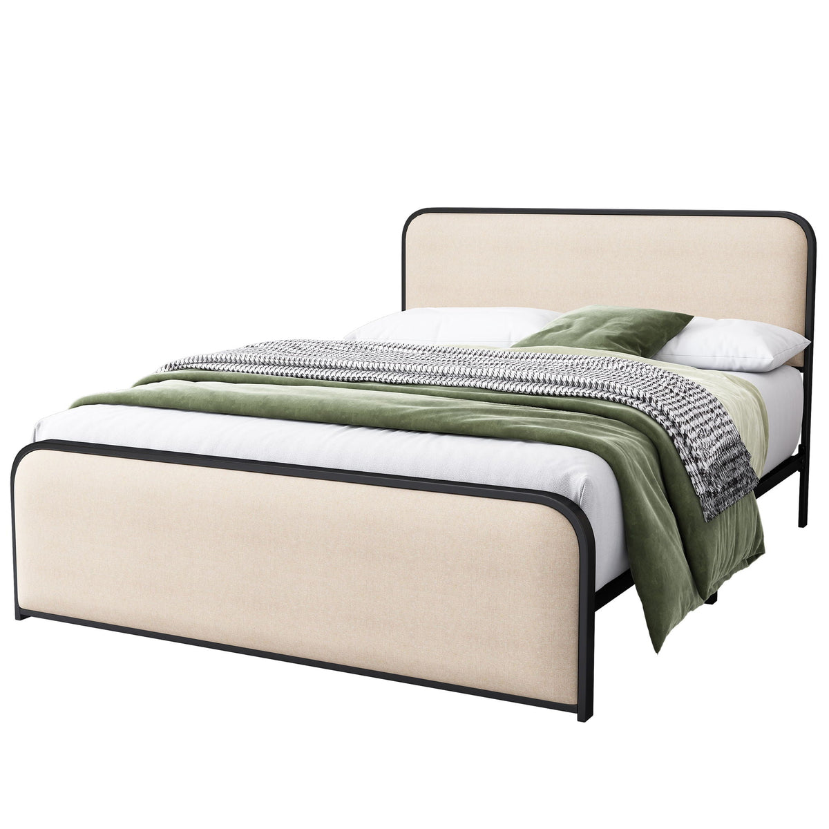 Modern Bed with Curved Upholstered Headboard and Footboard