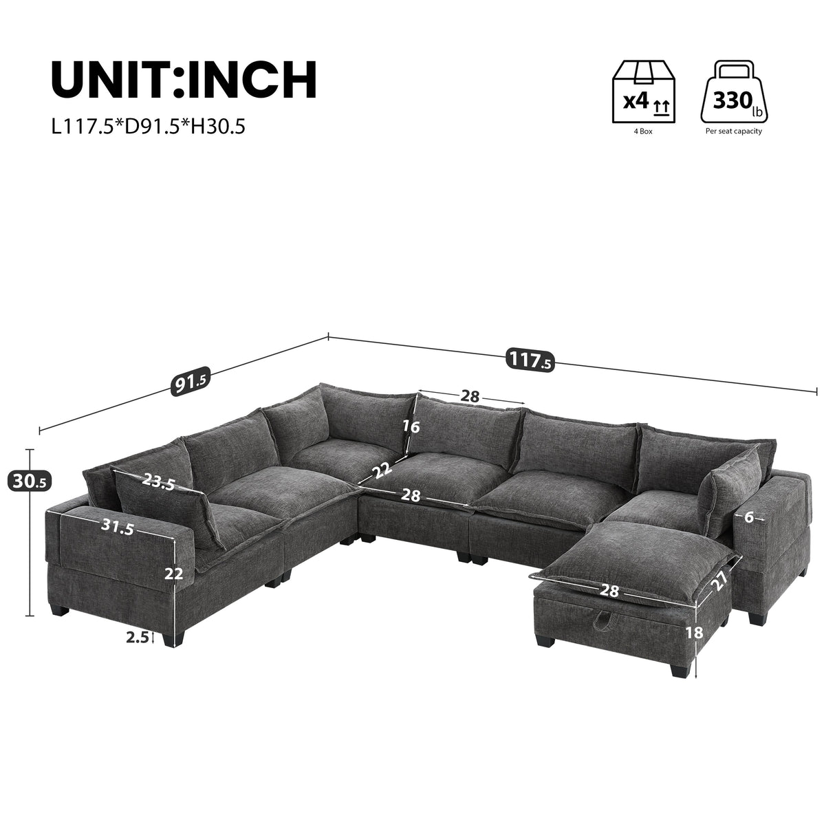 117.5'' Modular Sectional Sofa with Movable Storage Ottoman