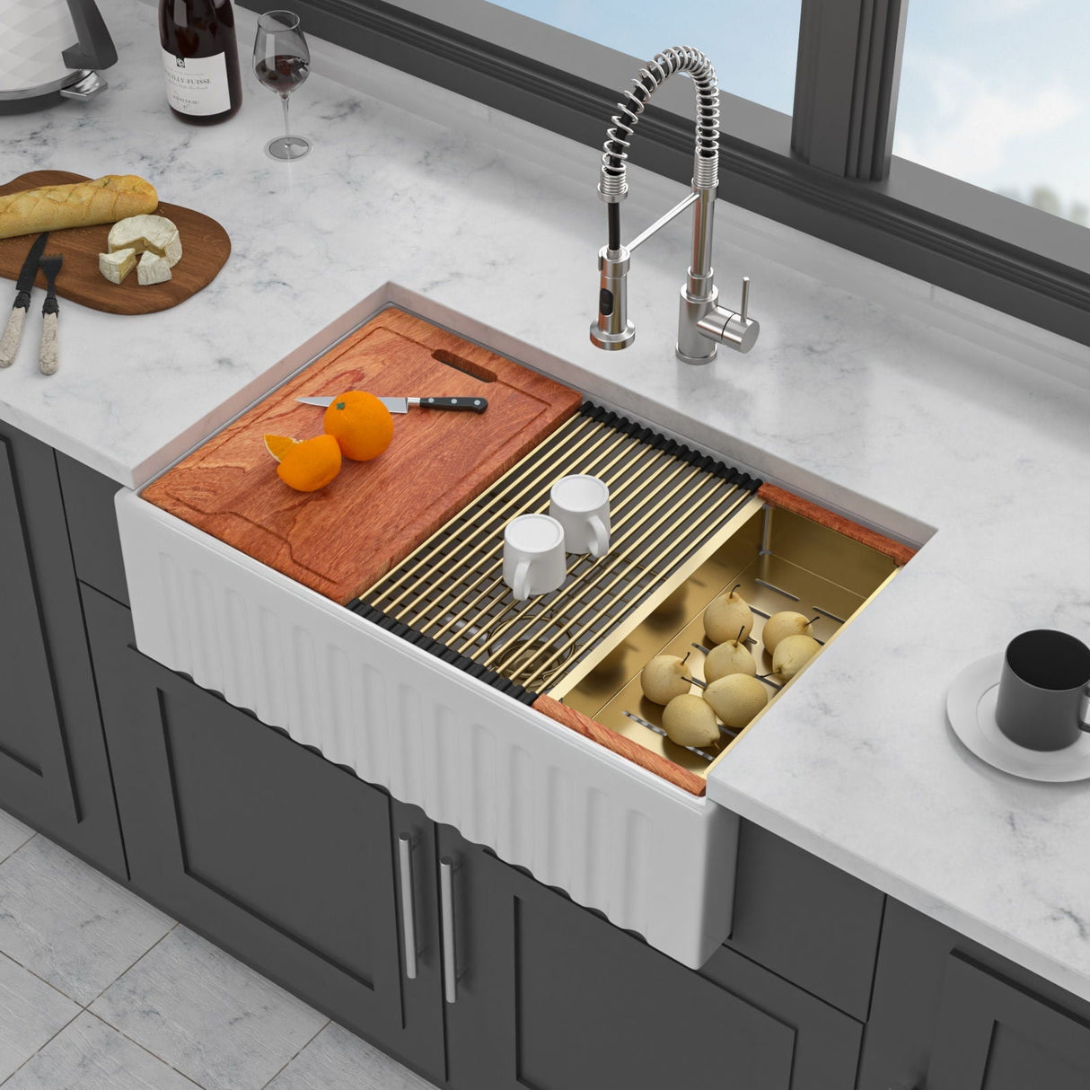 Workstation Single Bowl Apron Front Kitchen Sink - White