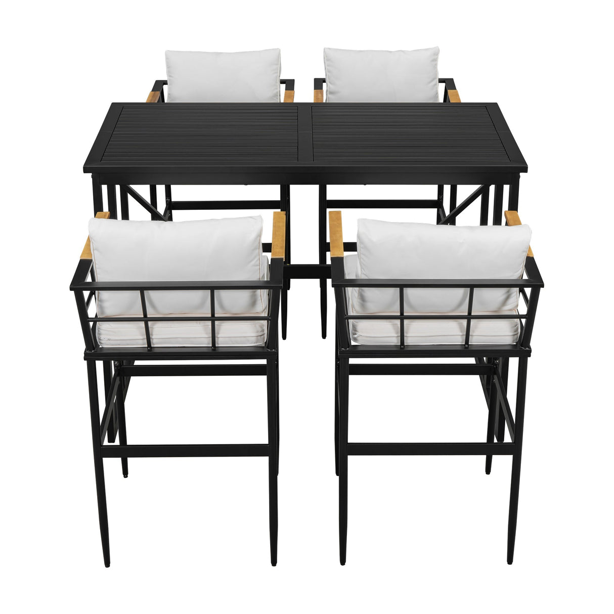 Iron Outdoor Dining Set with Acacia Wood Armrest