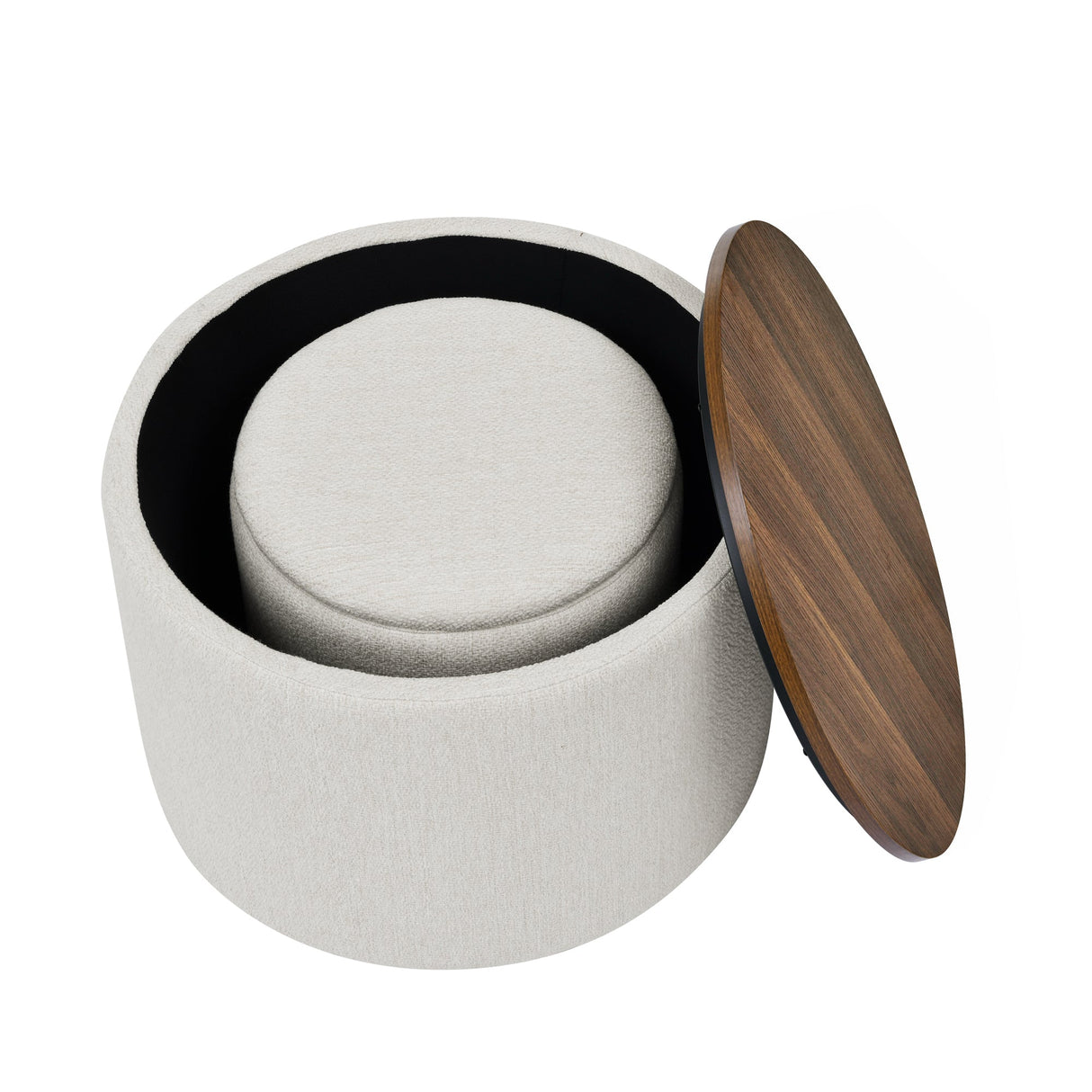 Classic 2-Piece Round Chenille Storage Ottoman Set with Drum Shaped Stool - Beige