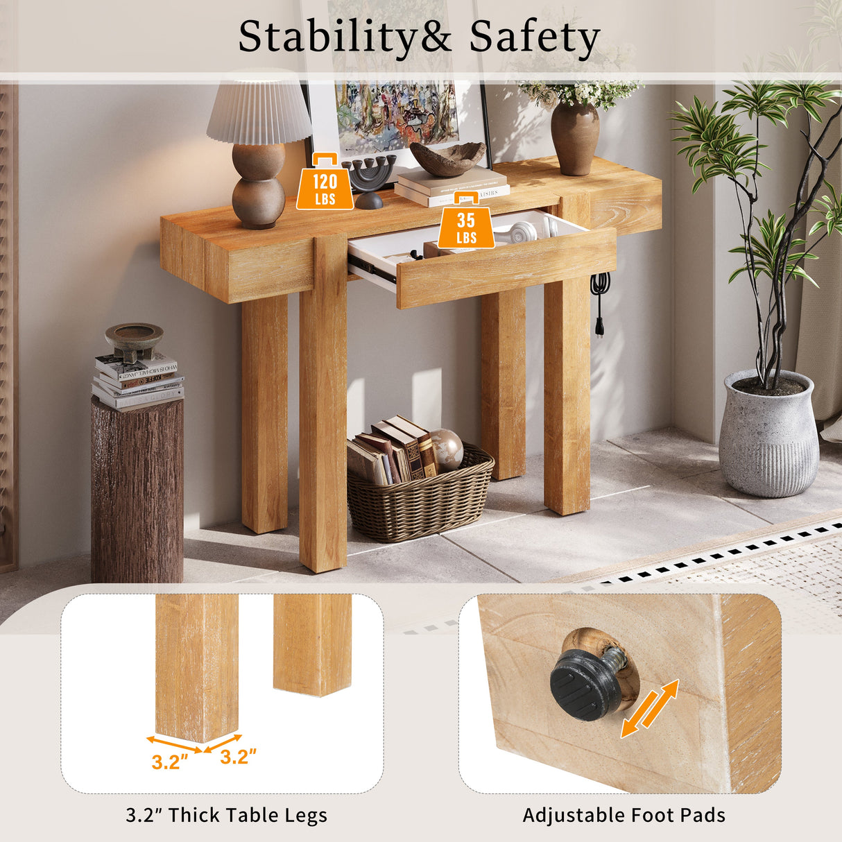 TREXM Rustic Minimalist Console Table with Hidden Drawer