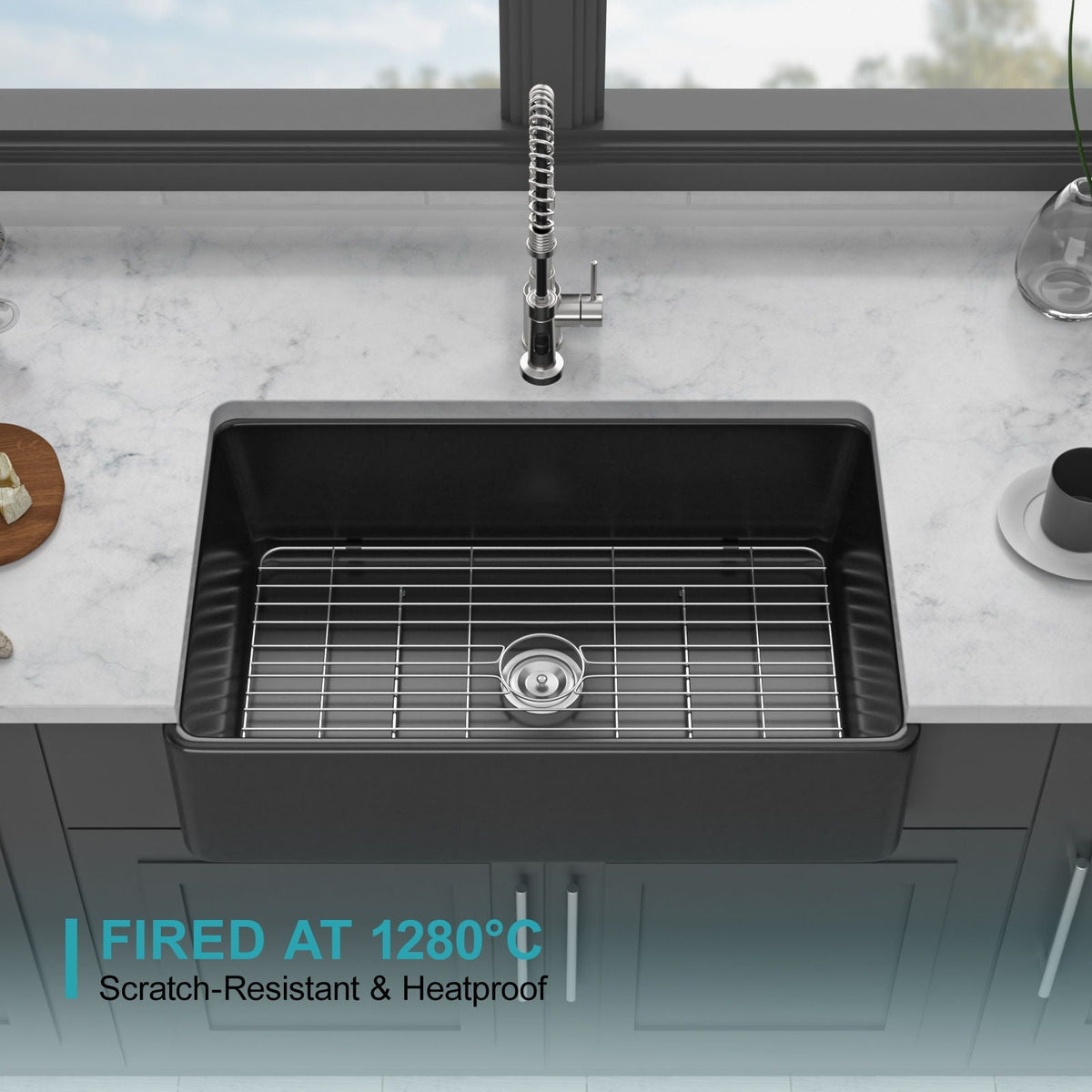 Farmhouse Ceramic Apron Front Single Bowl Kitchen Sink with Durable Design - White or Black