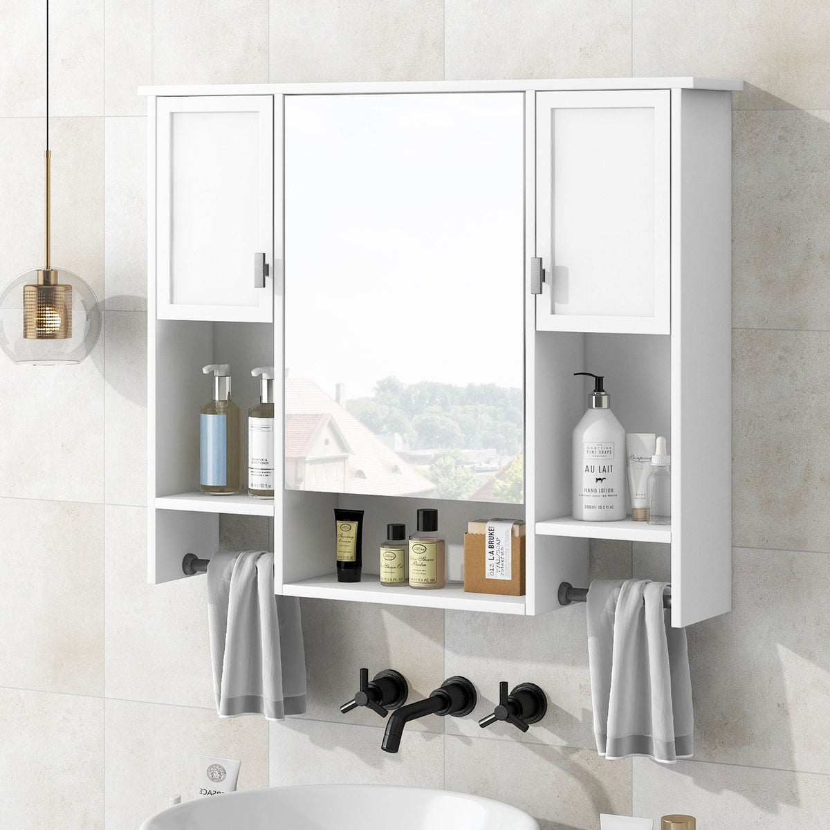 Wall Mounted Bathroom Storage Cabinet with Mirror and Towel Bar - Black, Dark Gray, or White