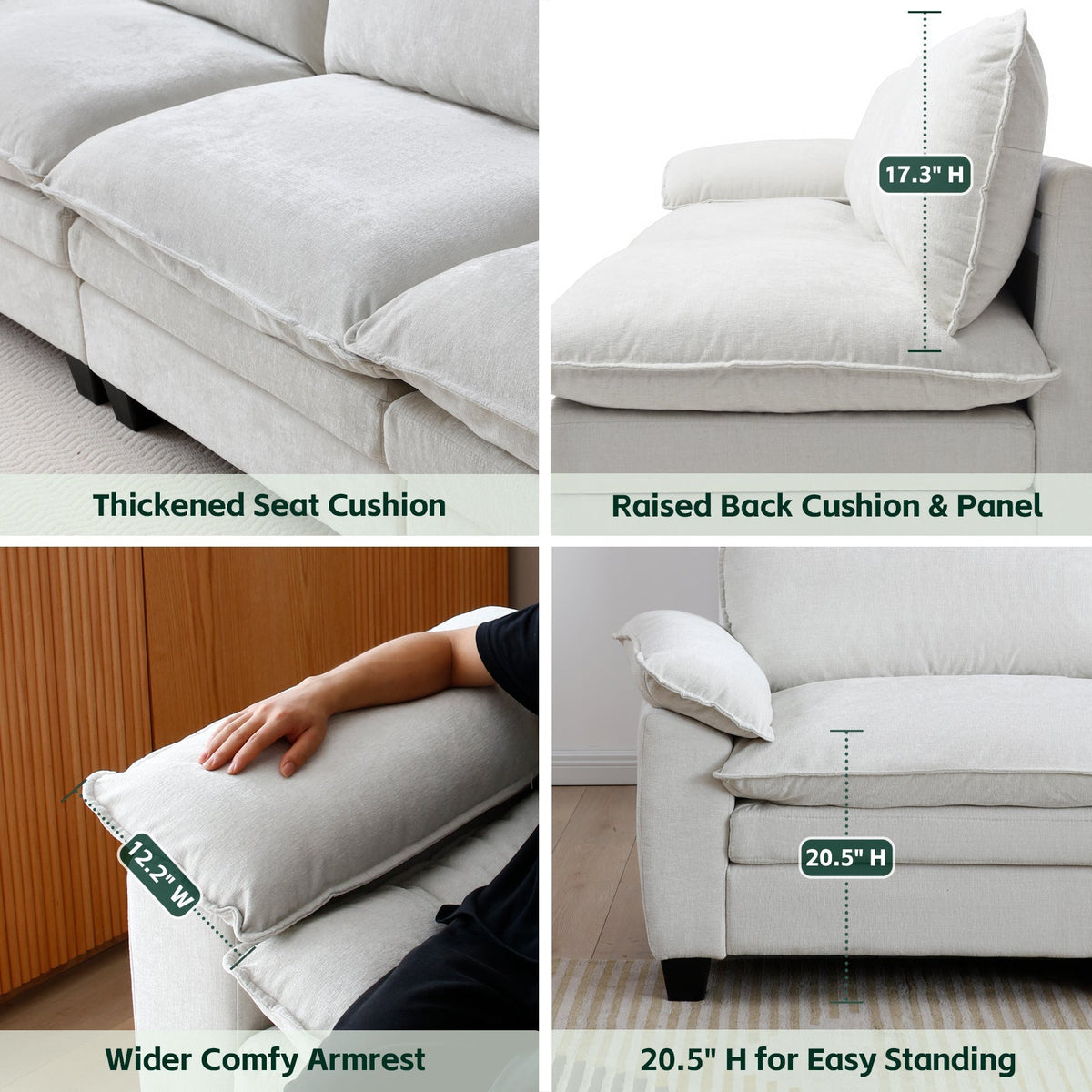 Living Room Furniture Sofa Luxury Couch with Ottoman Soft Chenille Upholstered L Shape Sofa Beige