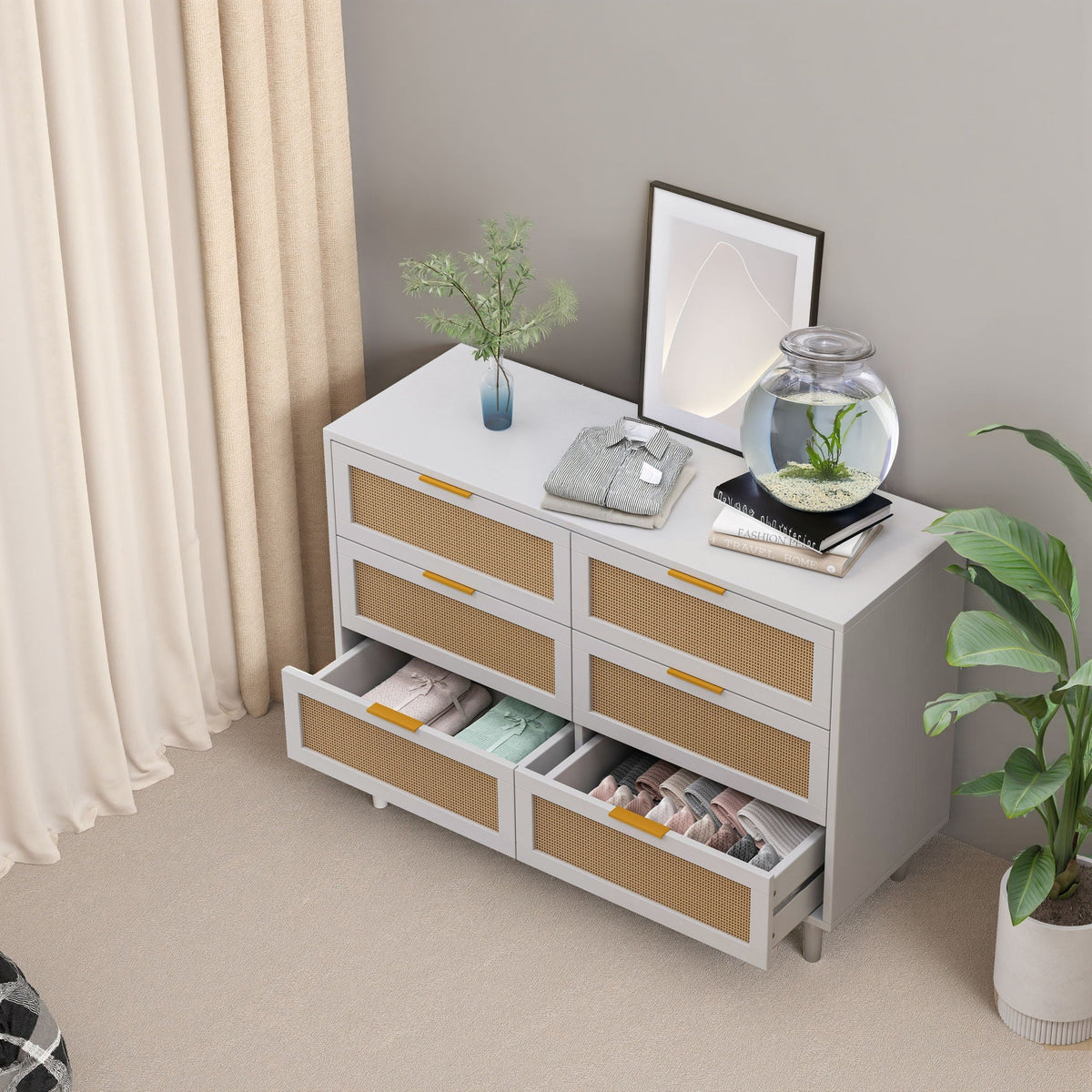 6 Drawer Storage Cabinet with Modern Rattan Drawers - Light Brown, Black, or White
