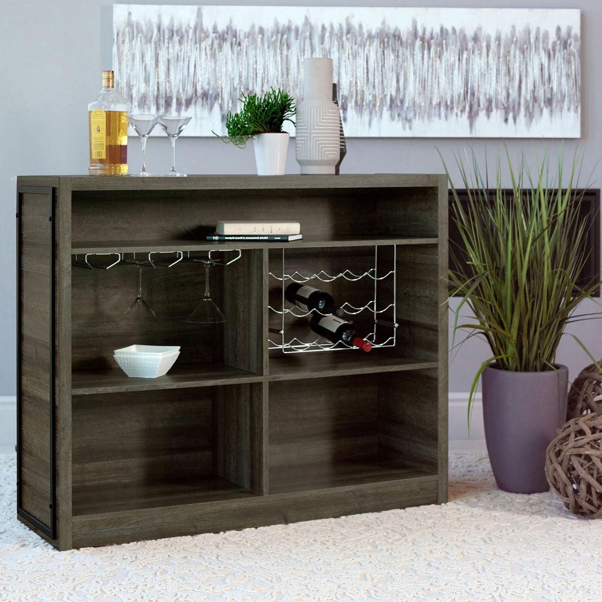 Garrison - 5 Shelf Home Bar Wine Cabinet With Stemware Racks And 12 Bottle Wine Storage - Oak