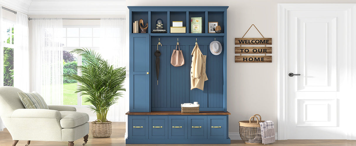 U-Can Entryway Hall Tree with Coat Hooks, Shoe Bench & Drawer Storage Cabinet