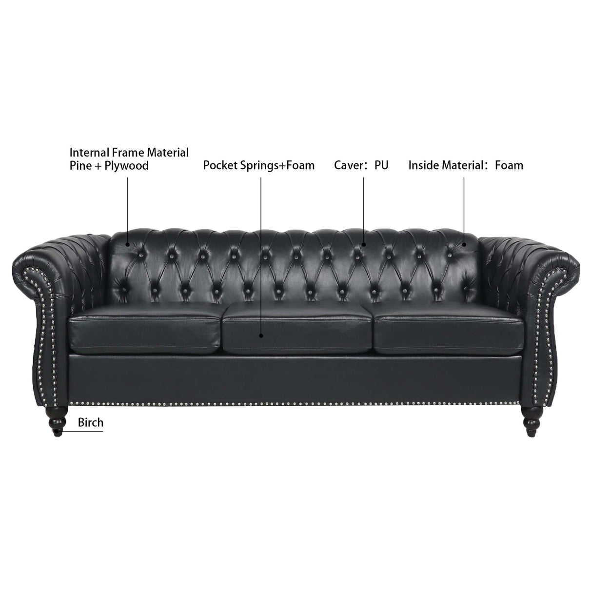 84.65' Black PU Rolled Arm Chesterfield Three Seater Sofa