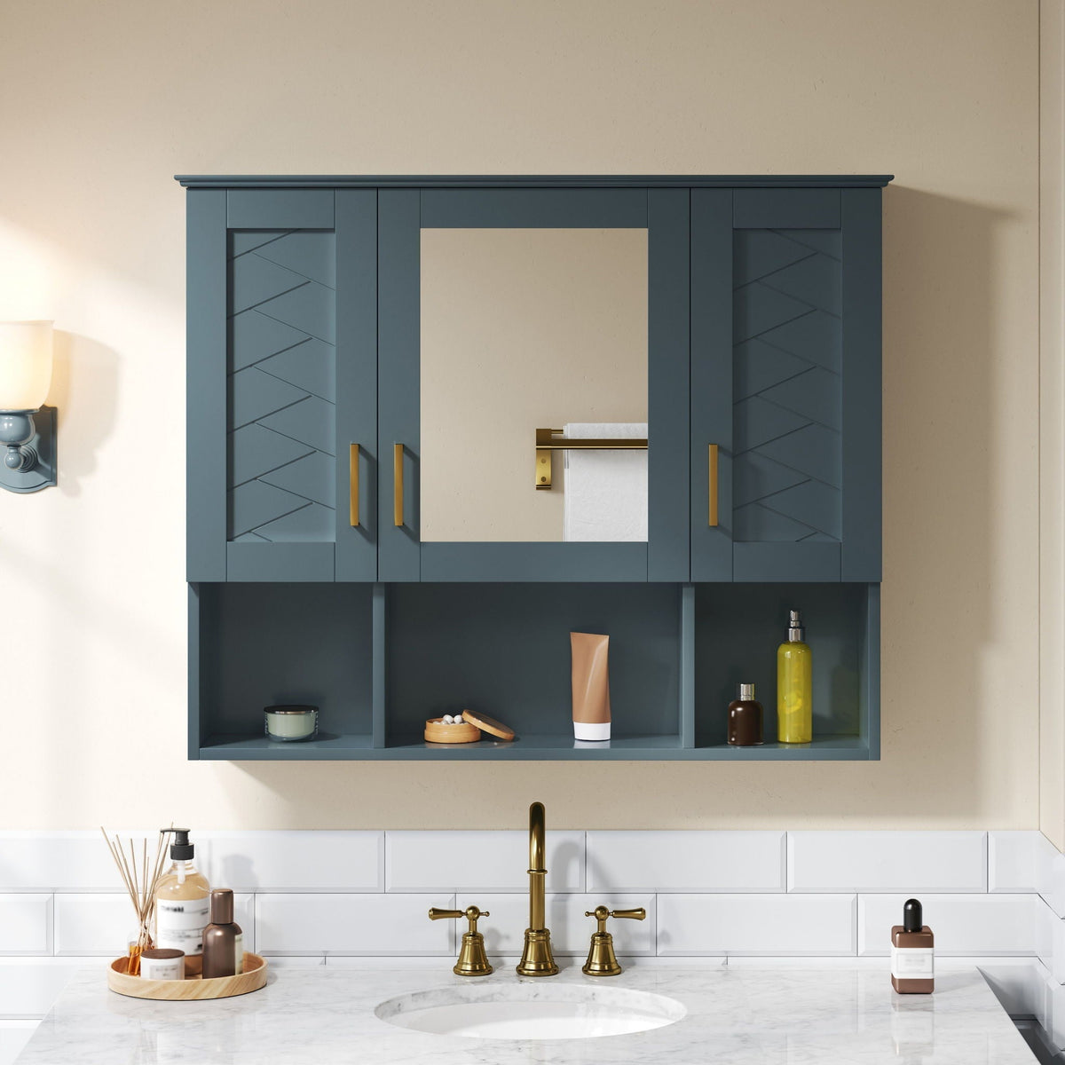 Modern Wall Mounted Medicine Cabinet with Adjustable Shelves and Soft Close Doors - Black, Blue, White