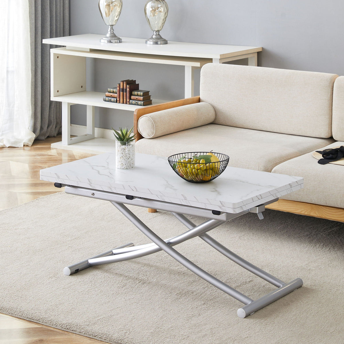 Modern Minimalist Multifunctional Lift Table With Metal Legs - White / Silver