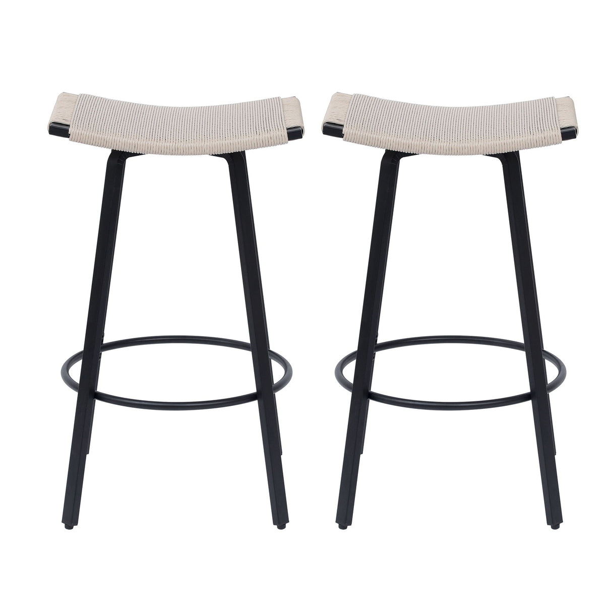 Counter Height Bar Stools Backless Handwoven Kitchen Dining Chairs With Round Footrest (Set of 2) Weaving Pub Stoo - Creamy White