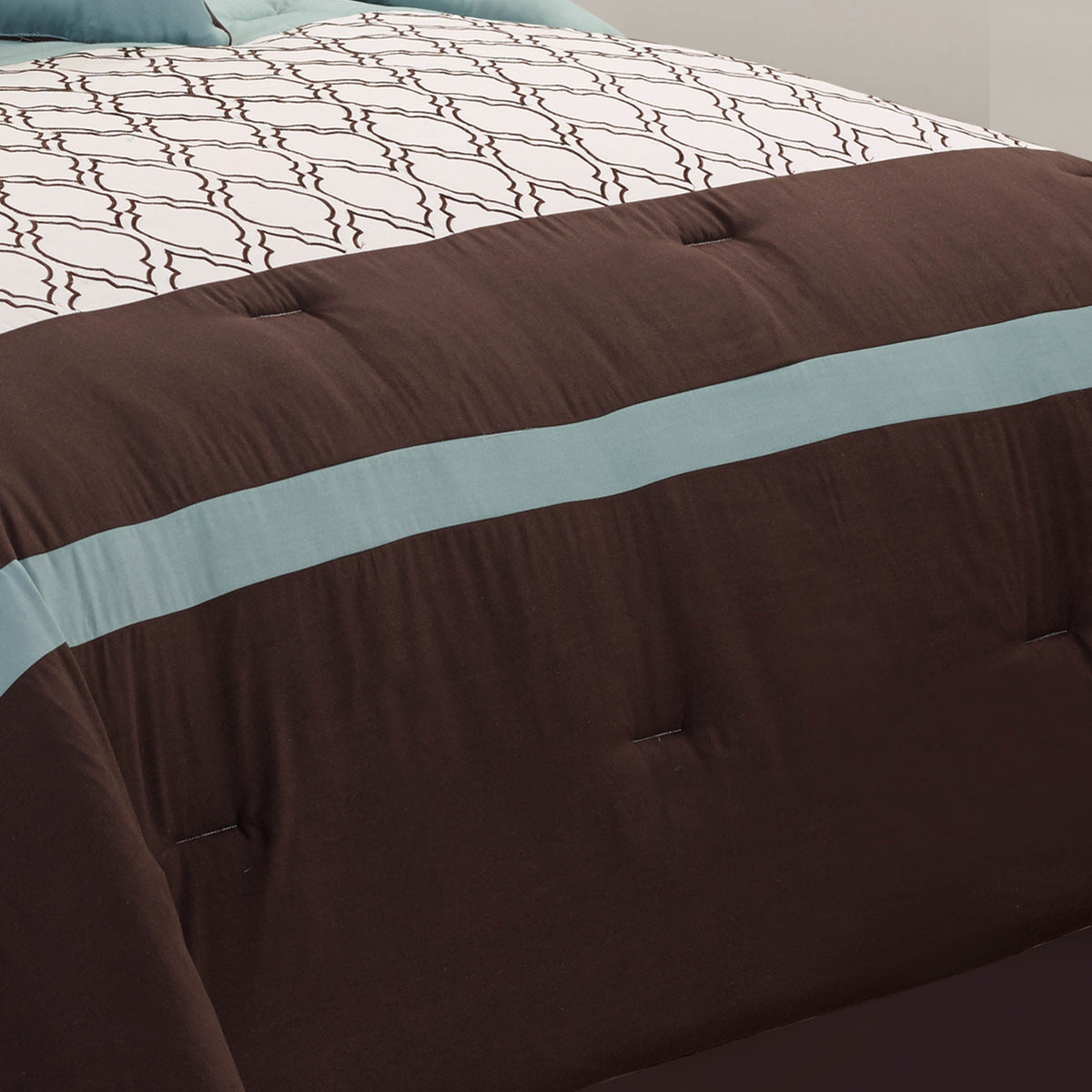 Teal & Brown Geometric Embroidered Comforter Set with 8 Pieces