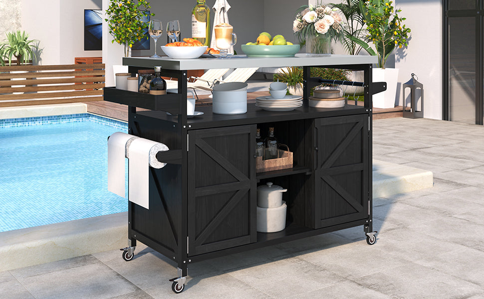 K&K Outdoor Kitchen Island with Rolling Bar Cart and Storage Cabinet