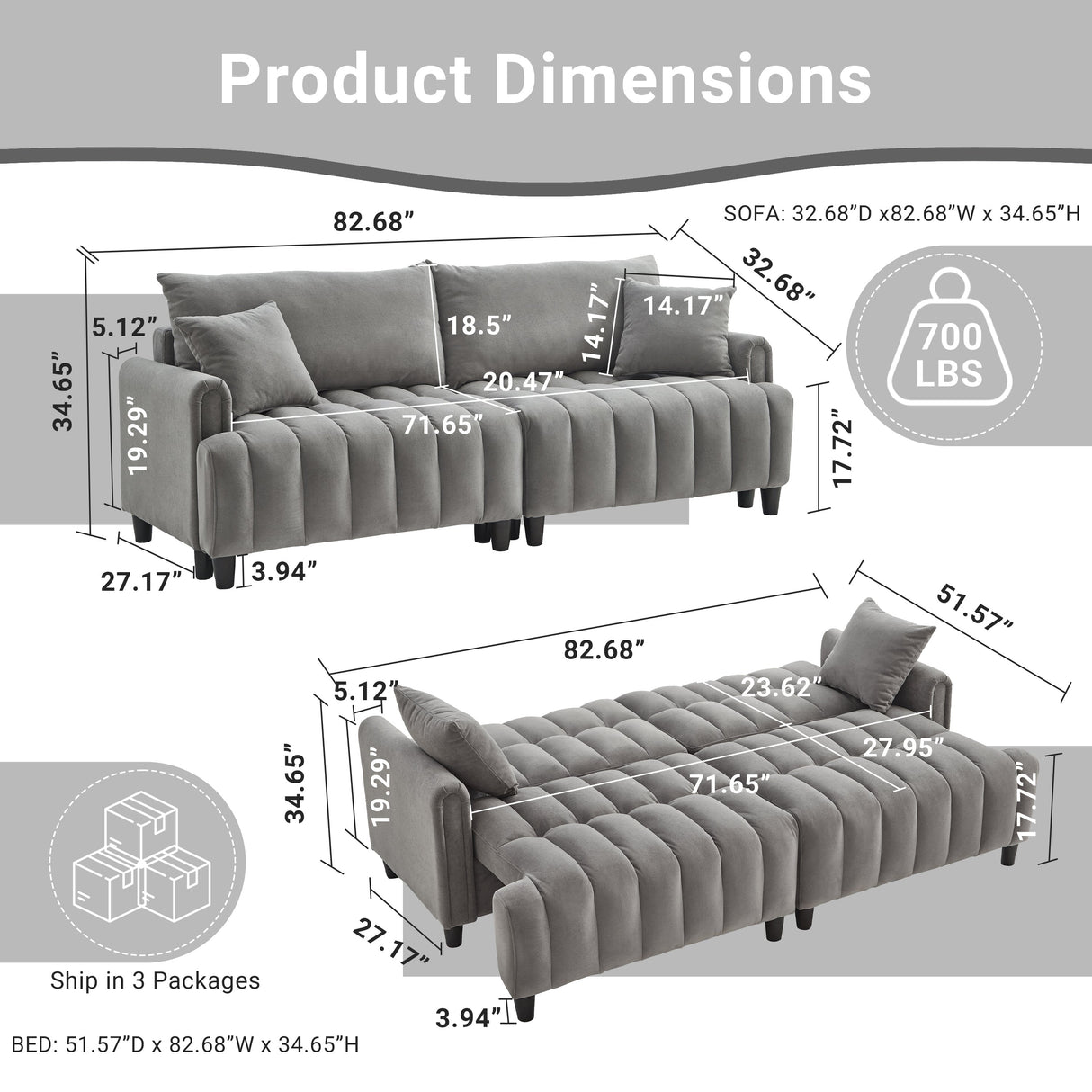 83'' Futon Sofa Bed with Polyester Fabric and Adjustable Backrest