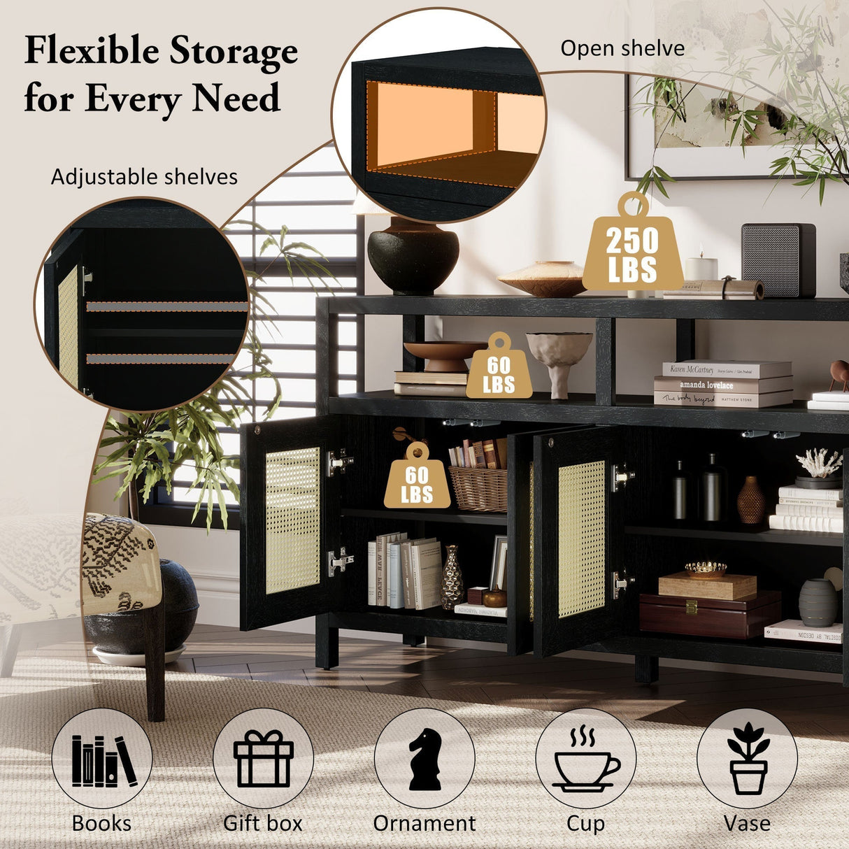 TREXM Bohemian Style Rattan Buffet Storage Cabinet with Solid Wood Frame