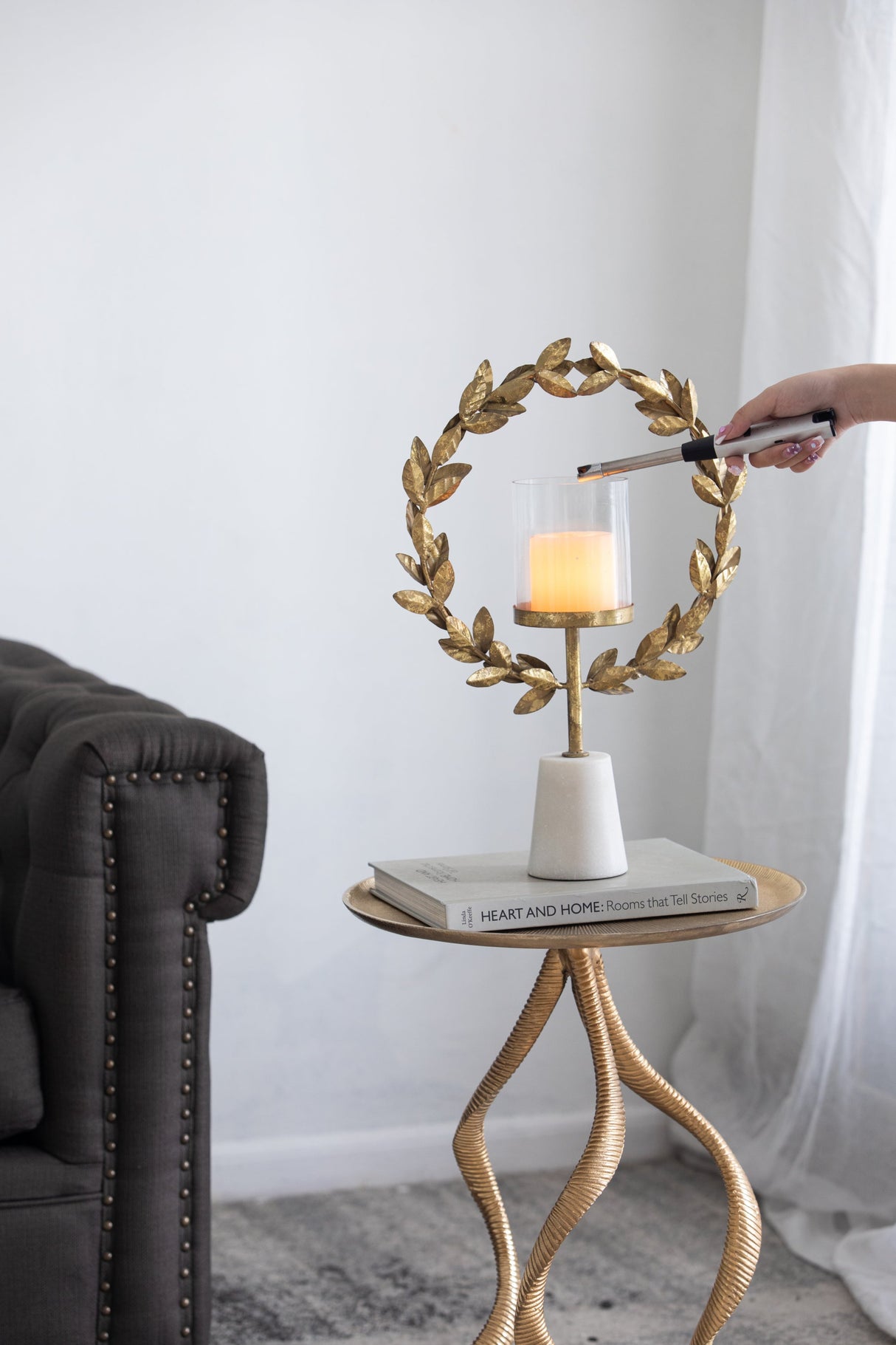 14.2x3.5x19.7" Iron Floral Hurricane With Marble Base