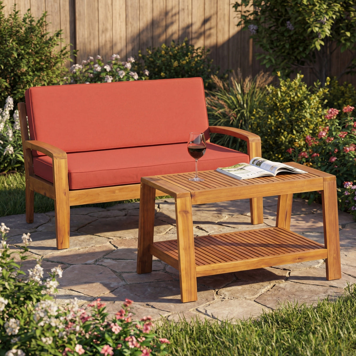 2-Piece Outdoor Teak Acacia Wood Conversation Set