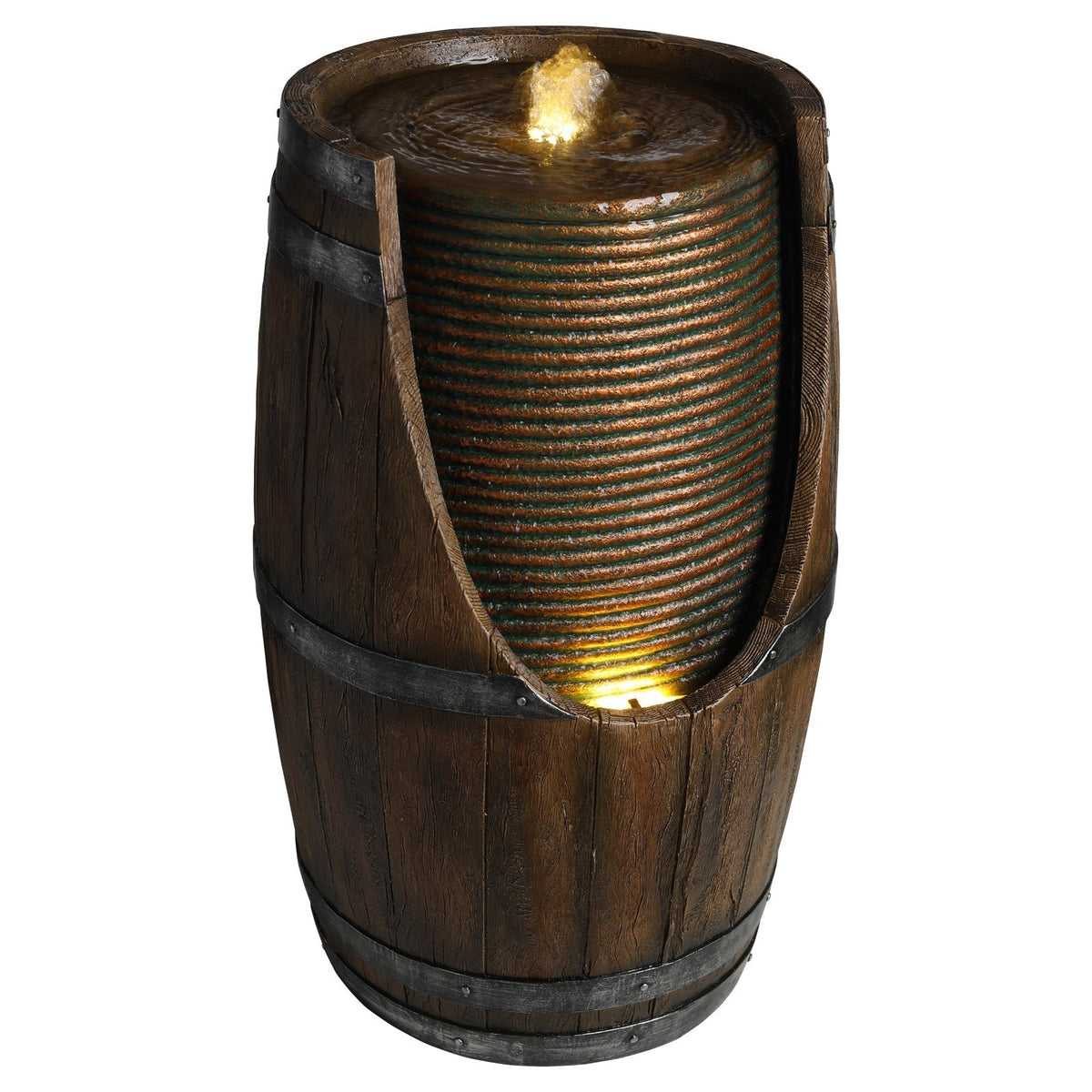 Outdoor Barrel Water Fountain with Lights Rustic Wood Look Resin Handmade Waterfall Garden Decor for Patio Yard Porch