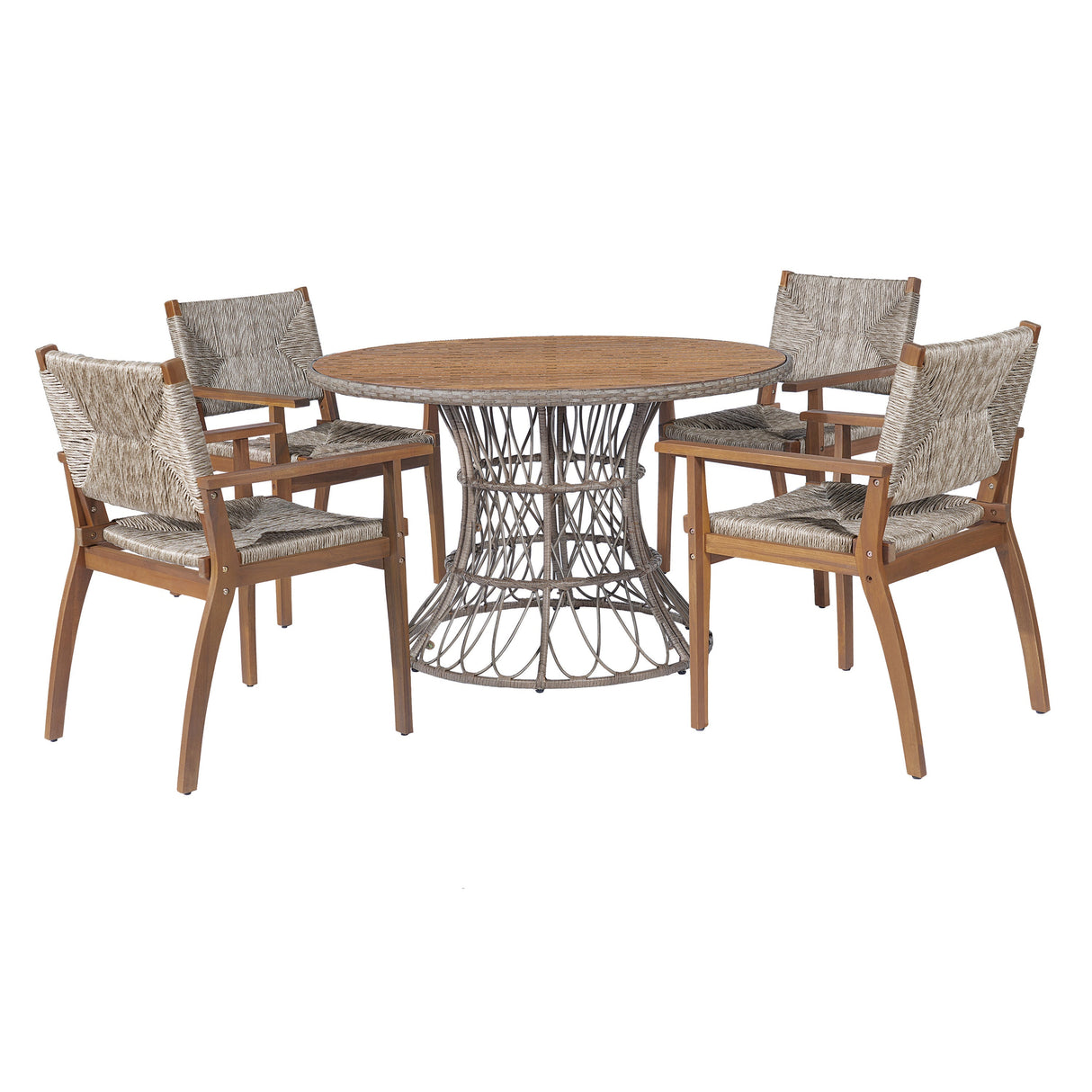 5-Piece Outdoor Dining Set: Brown Round Acacia Wood Table & 4 Brown Wicker Armchairs