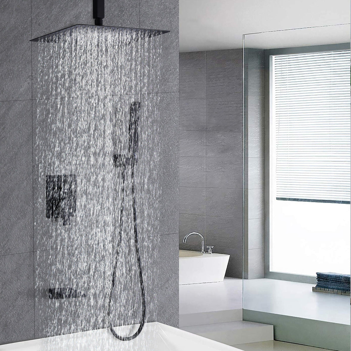 Contemporary Shower System With 12" Rainfall Head And Handheld Spray, Wall Mounted