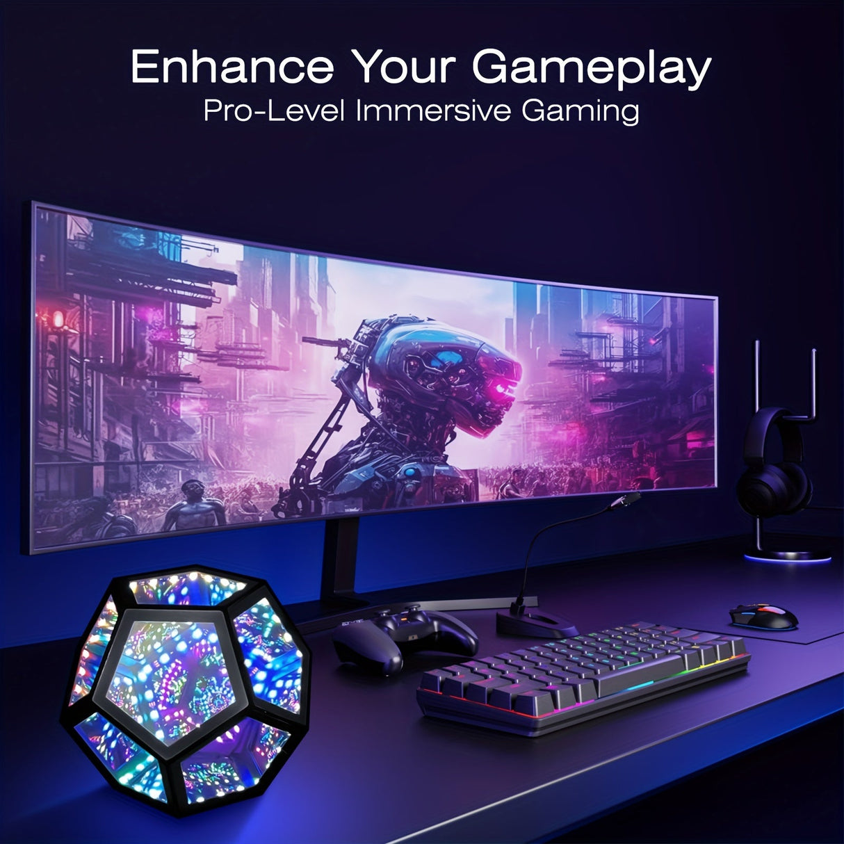 Infinity Mirror Light RGB Dodecahedron Lamp for Gaming Room & Desk Decor