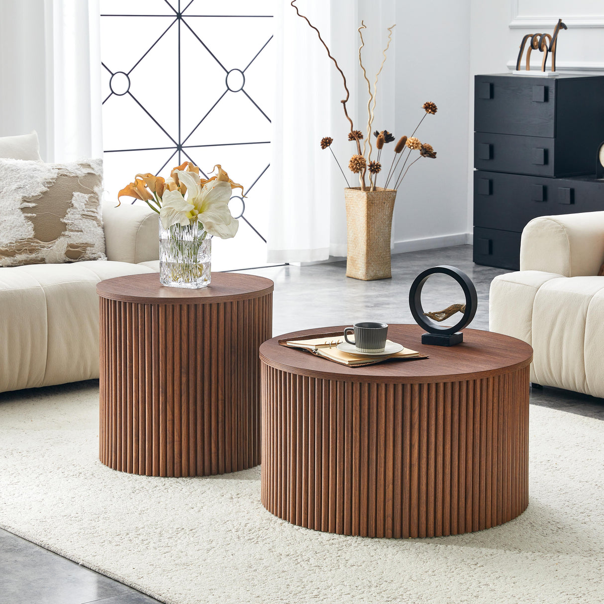 2-Piece Nesting Coffee Table Set, Roman Column Design MDF Round Tables with Built-in Storage