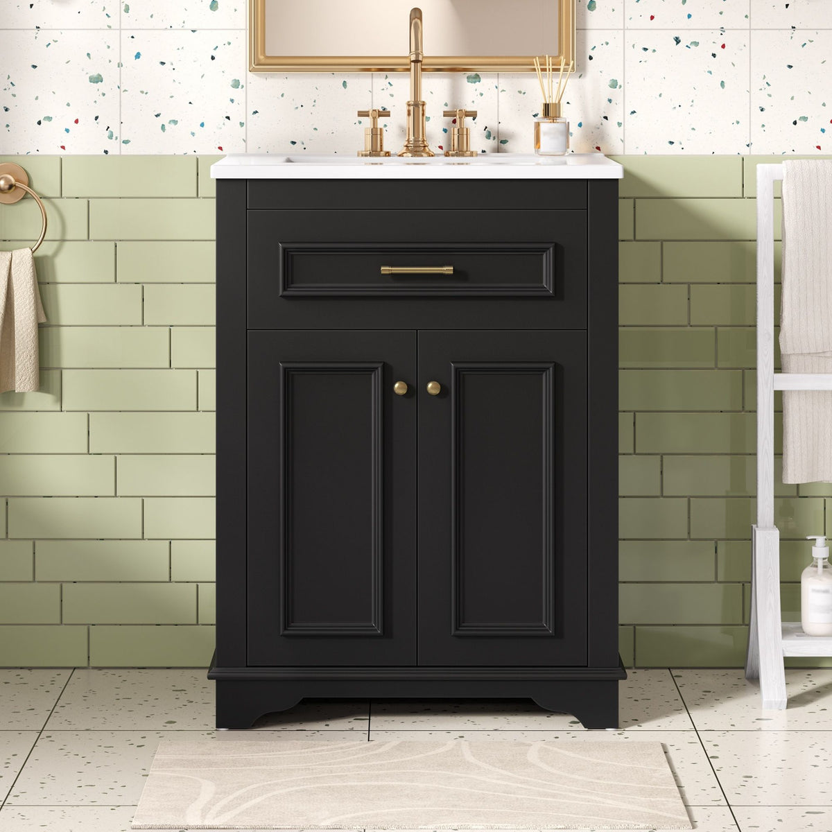 Bathroom Vanity with Integrated Sink and Storage Cabinet - Dark Green, Black, White