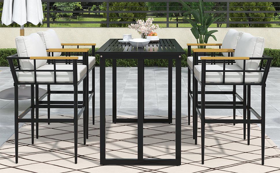 Iron Outdoor Dining Set with Acacia Wood Armrest