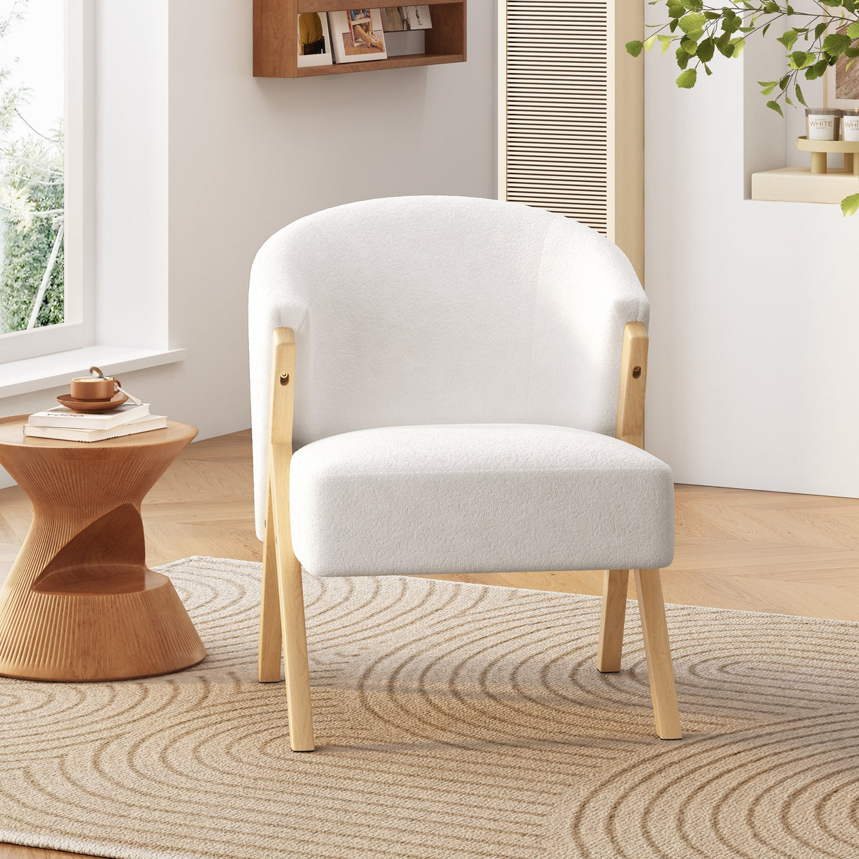 Modern Accent Chair with White Polyester Upholstery and Solid Wood Frame