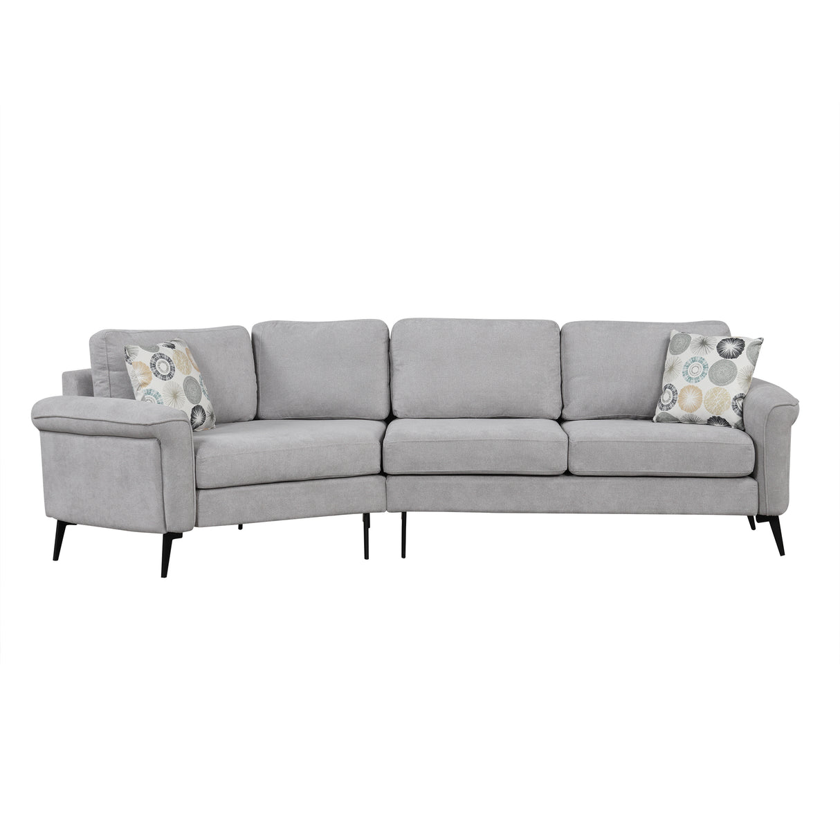 111'-Upholstered-3-Seater-Sofa-with-Curved-Design-and-Two-Printed-Pillows,-Gray-Chenille-Sofas-&-Sectionals