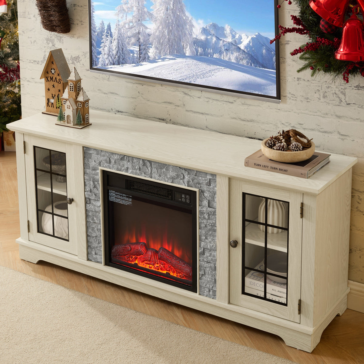 58" Modern TV Stand with Electric Fireplace and Storage