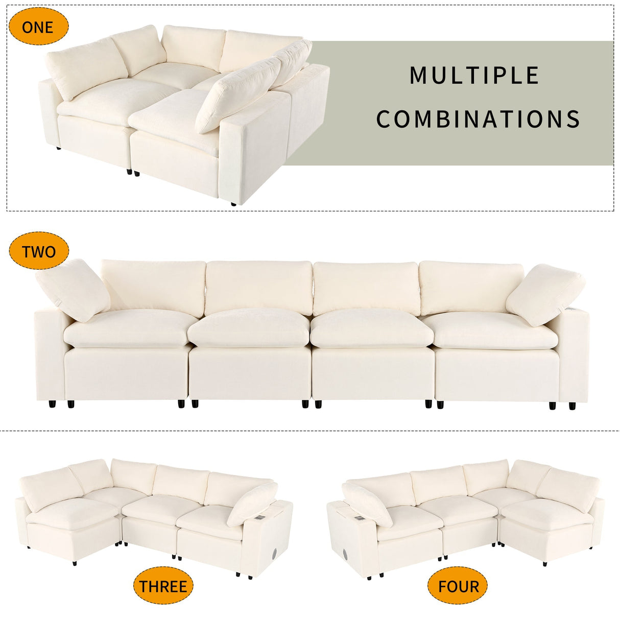 U-style Upholstered Modular Sofa With Storage Space and USB Charge Ports