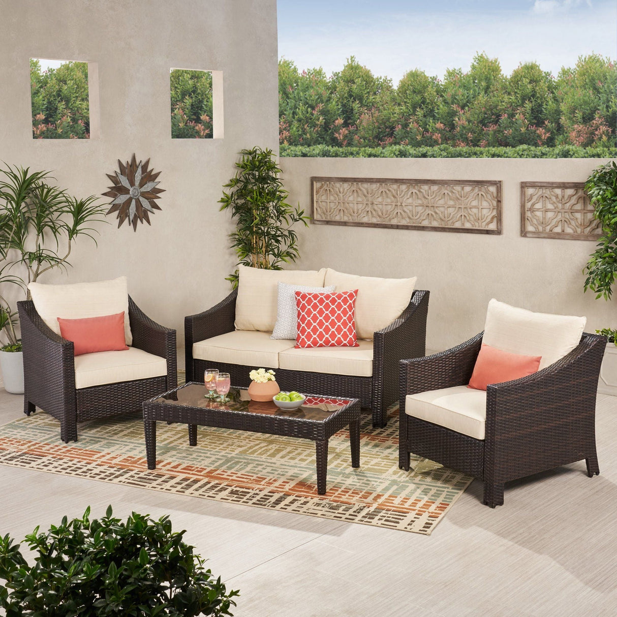 Antibes - 4 Pieces Wicker Chat Set - Brown / Beige