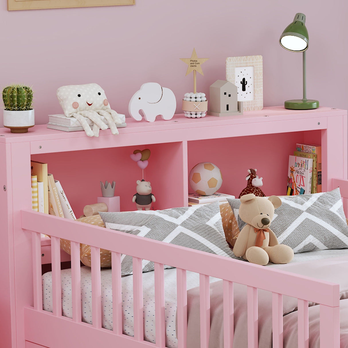 Bed With Headboard Storage Rack, 2 Under Bed Drawers, 3 Side Guardrails For Safety