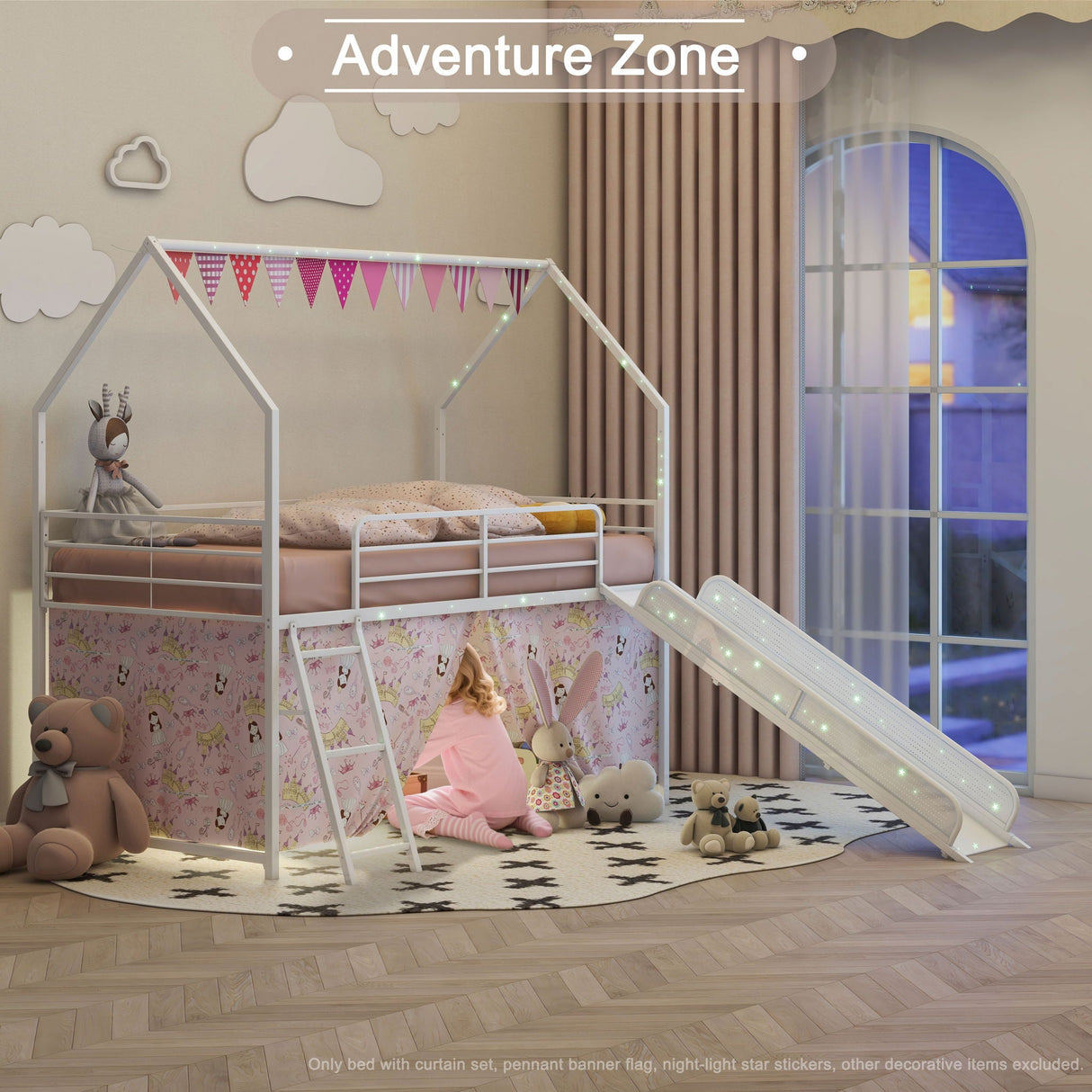 Jack - House Loft Bed With Slide And Curtain Set