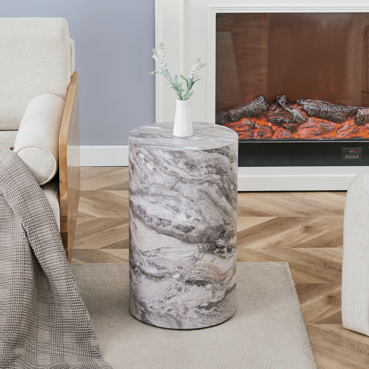 Simple Grey Marble Textured Cylindrical Coffee Table