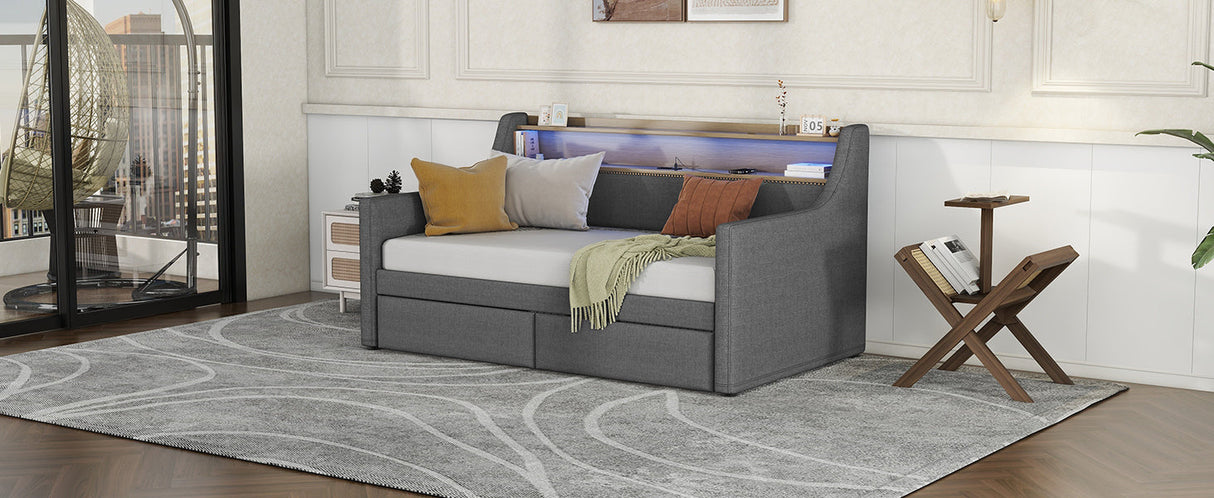 Twin Size Linen Upholstered Daybed with Storage Drawers and LED Lights