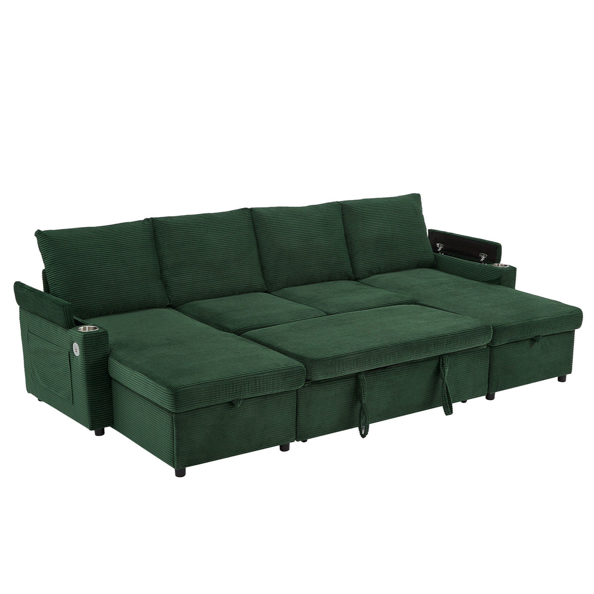U Shaped Sectional Sofa Bed With Storage Chaise Lounges, USB Ports, And Cup Holders