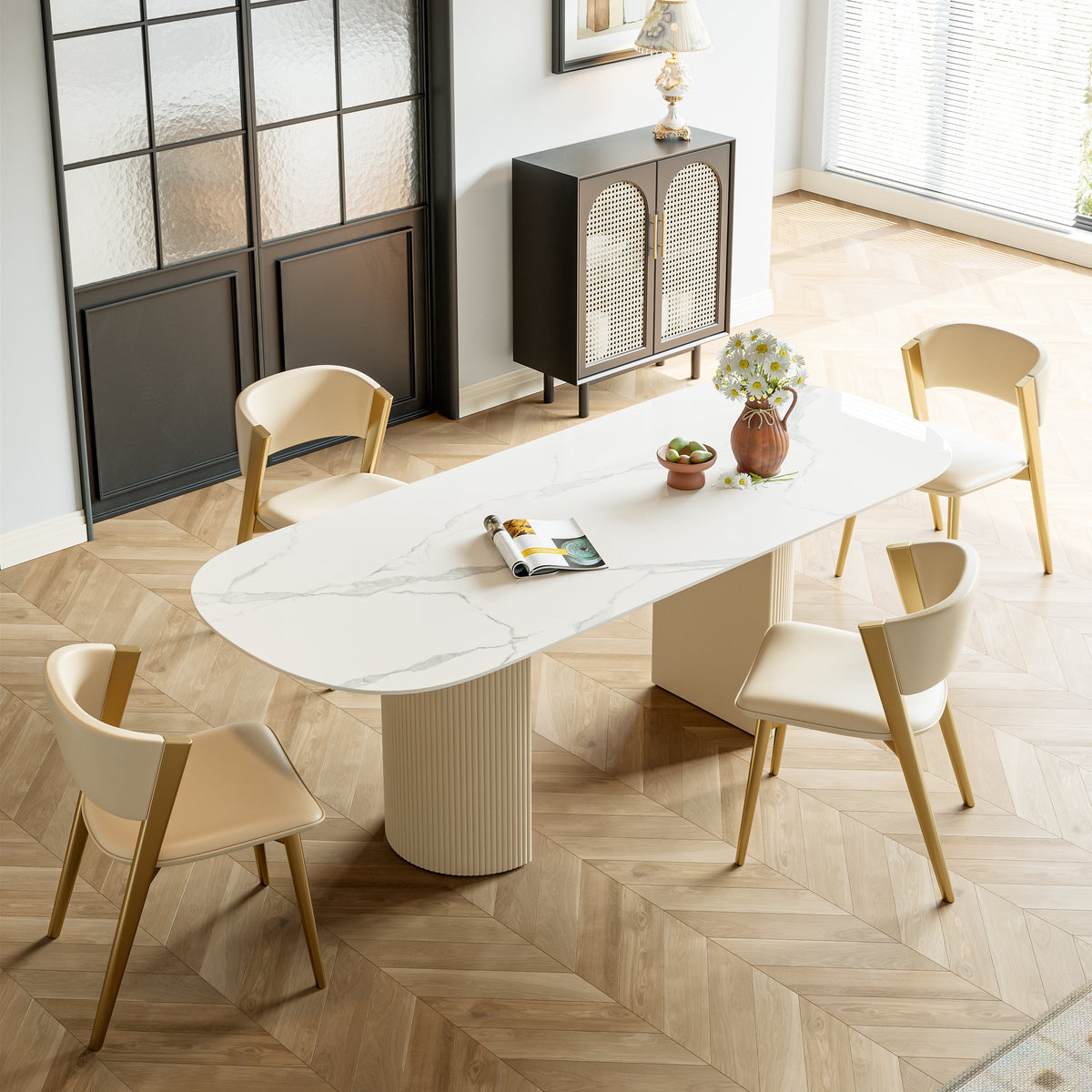 Stainless Steel Dining Table with Rock Plate and Woven Leather