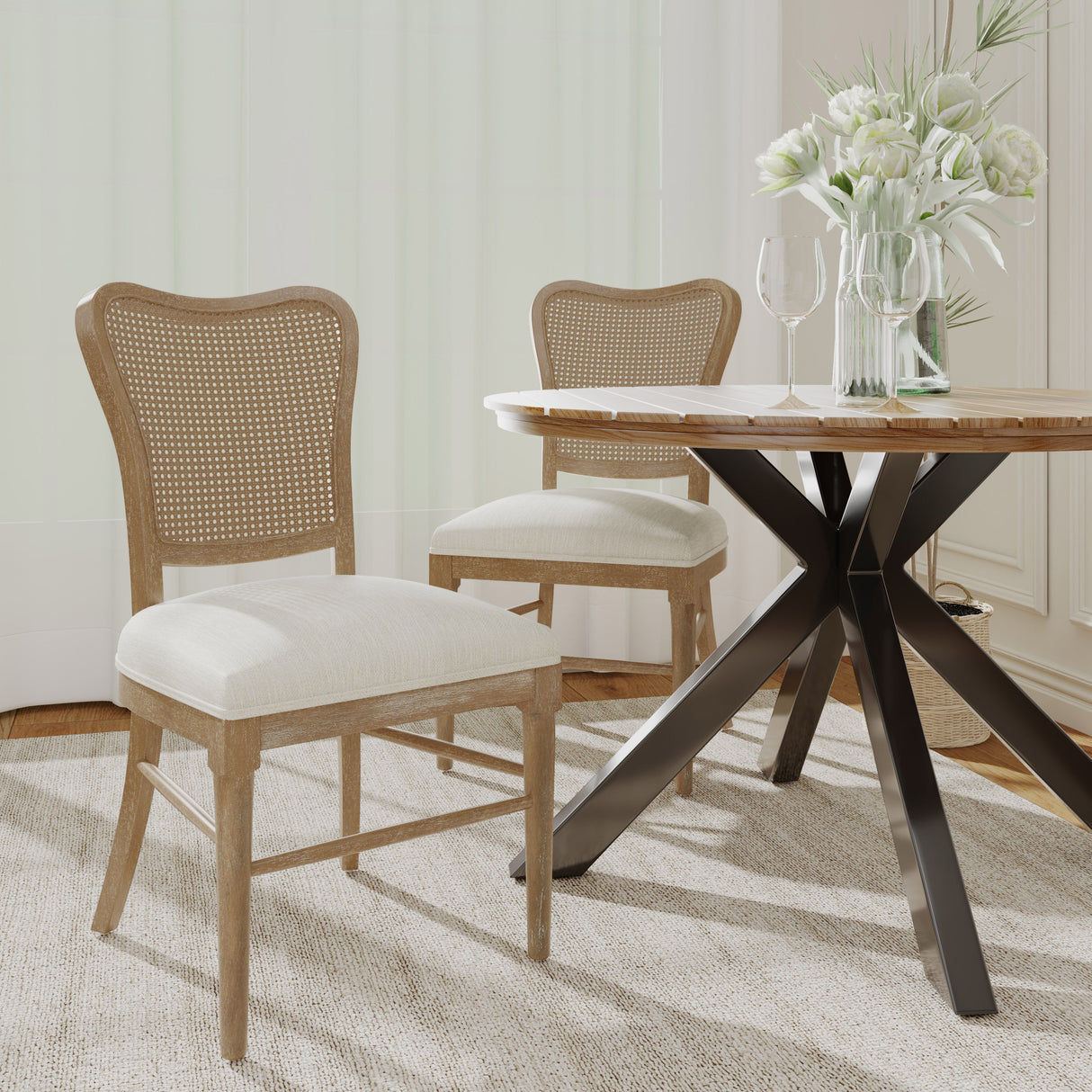 Wood and Woven Cane Dining Chairs, Set of 2