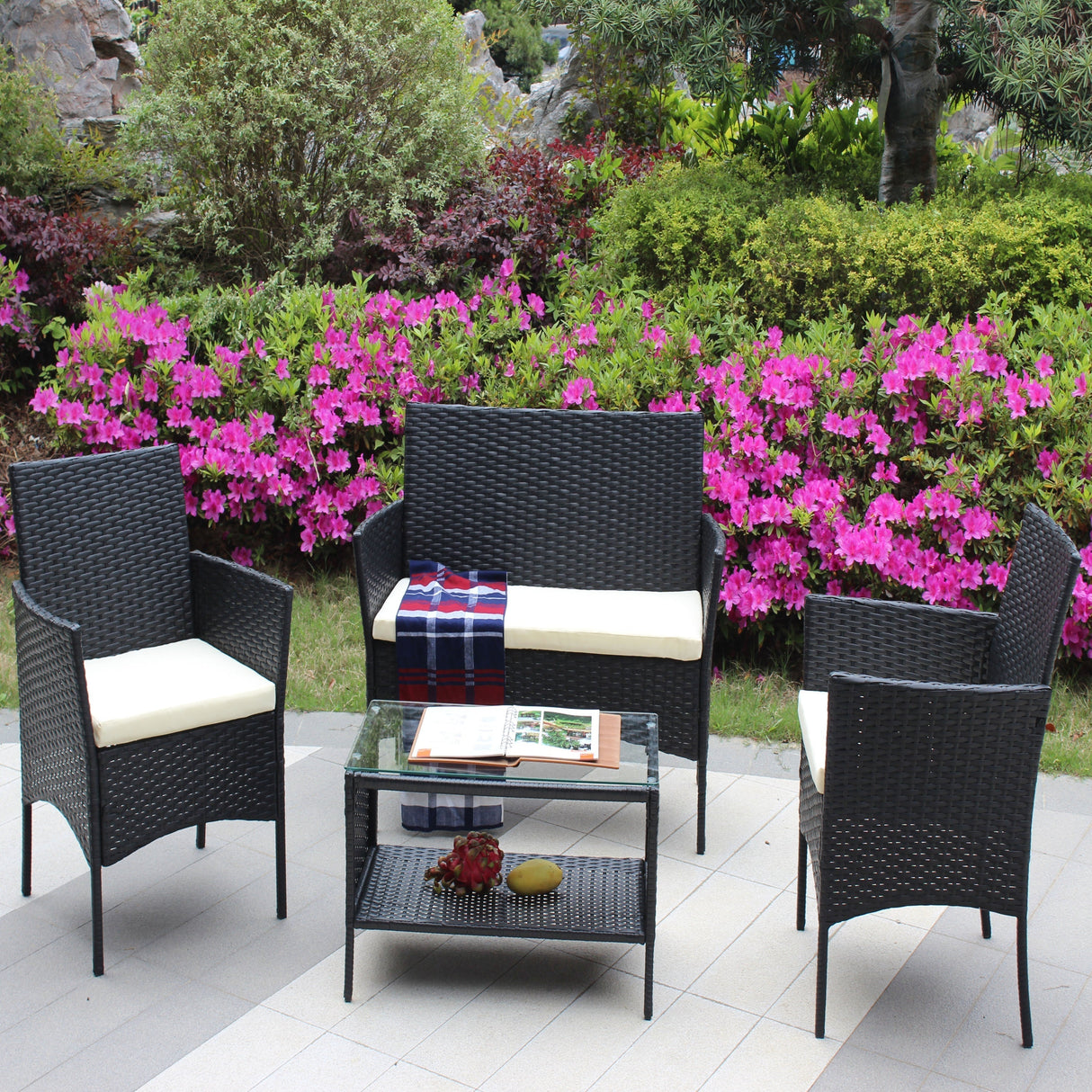 4 PC Rattan Patio Furniture Set Outdoor Cushioned Wicker Sofa