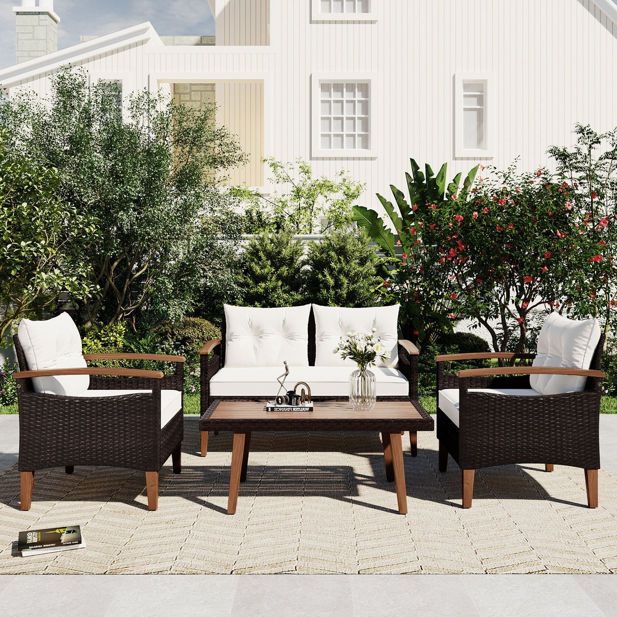 4 Piece PE Rattan Outdoor Sofa Set with Wood Table and Legs