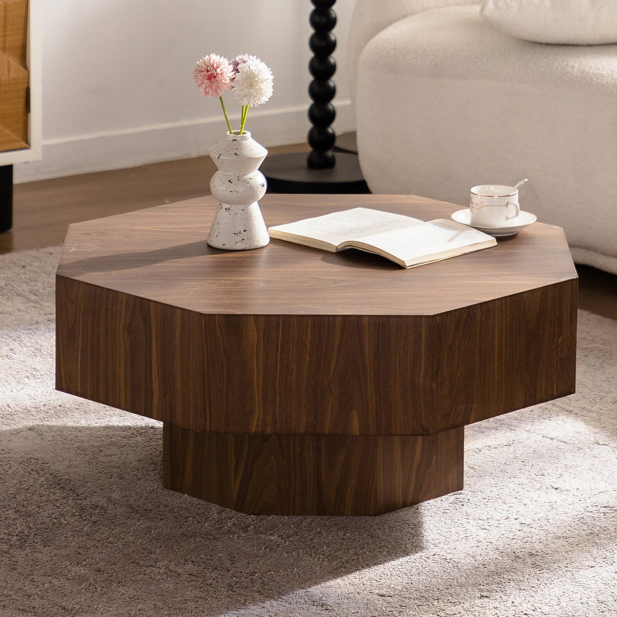 30.51 Inch Wooden Octagonal Coffee Table for Living Room